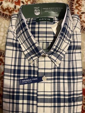 Orvis White and Navy Plaid Button-Down Dress Shirt